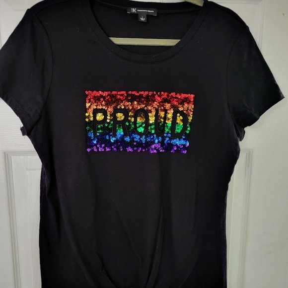 INC International Concepts black PROUD front‎ tie S/S sequin tee Size L … - Picture 1 of 7